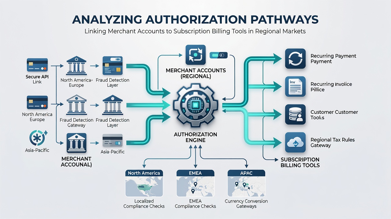Flowchart illustrating integration between merchant accounts and subscription billing tools in e-commerce authorization pathways