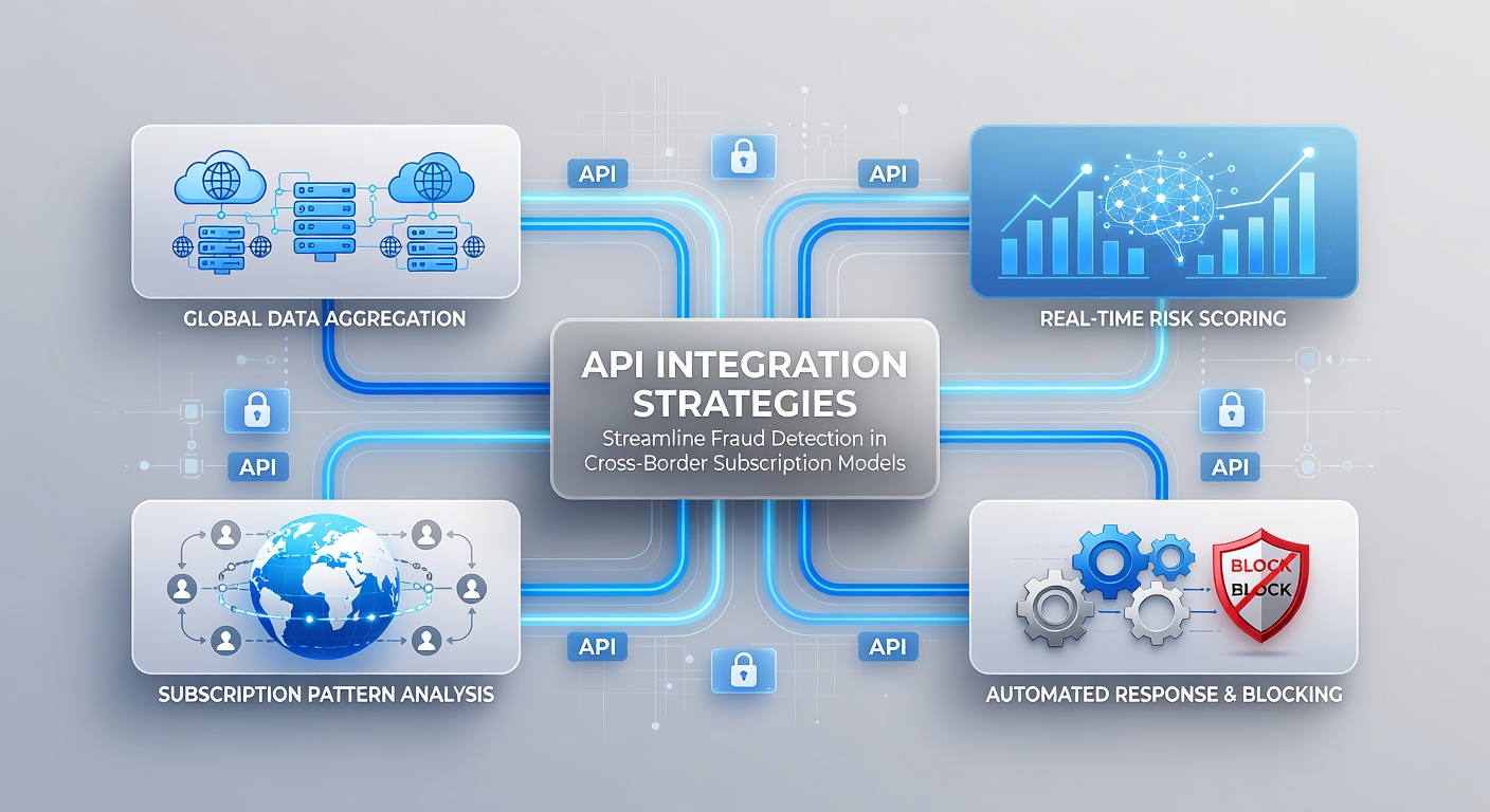 Secure API architecture diagram illustrating data flow between subscription platforms, fraud scoring services, and international regulatory databases