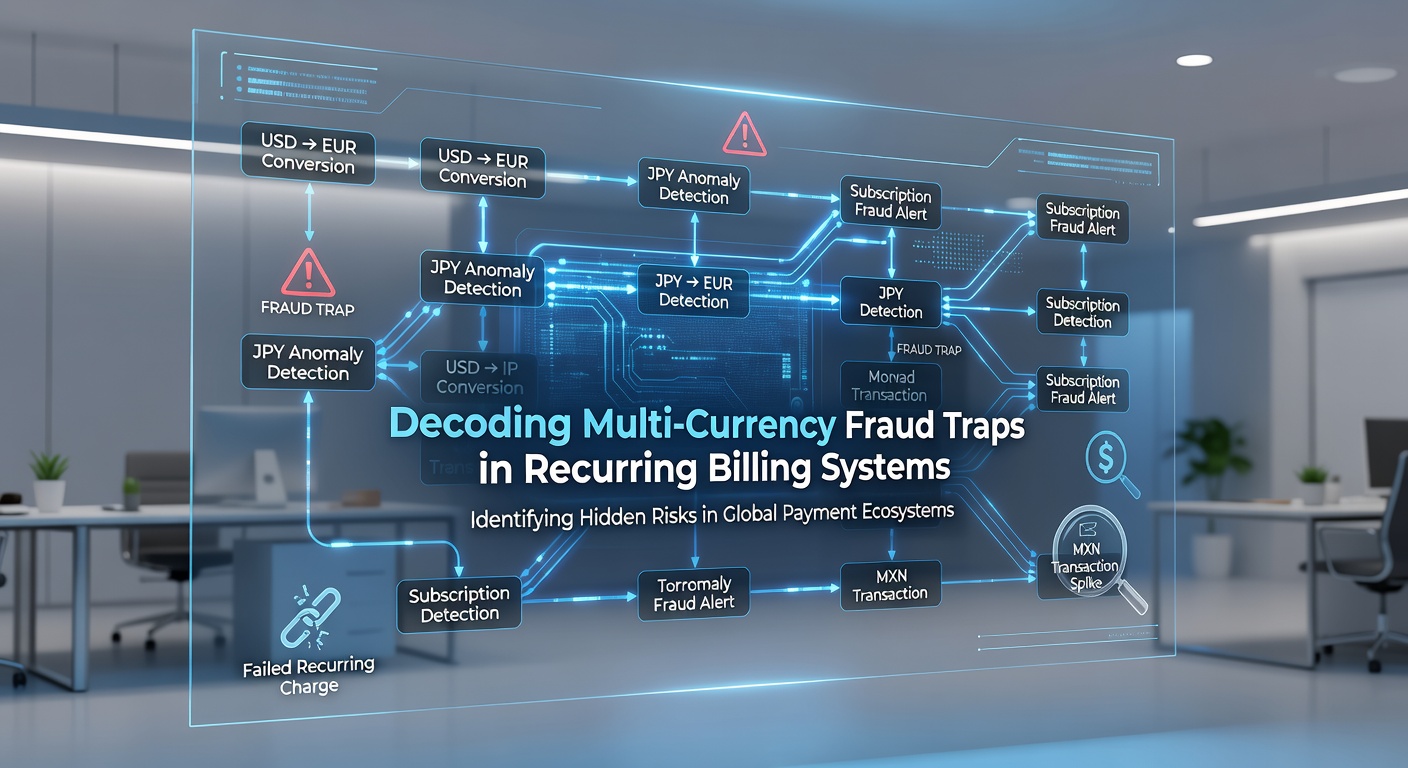 Diagram illustrating multi-currency flows in recurring subscription billing, highlighting potential fraud entry points across global payment rails