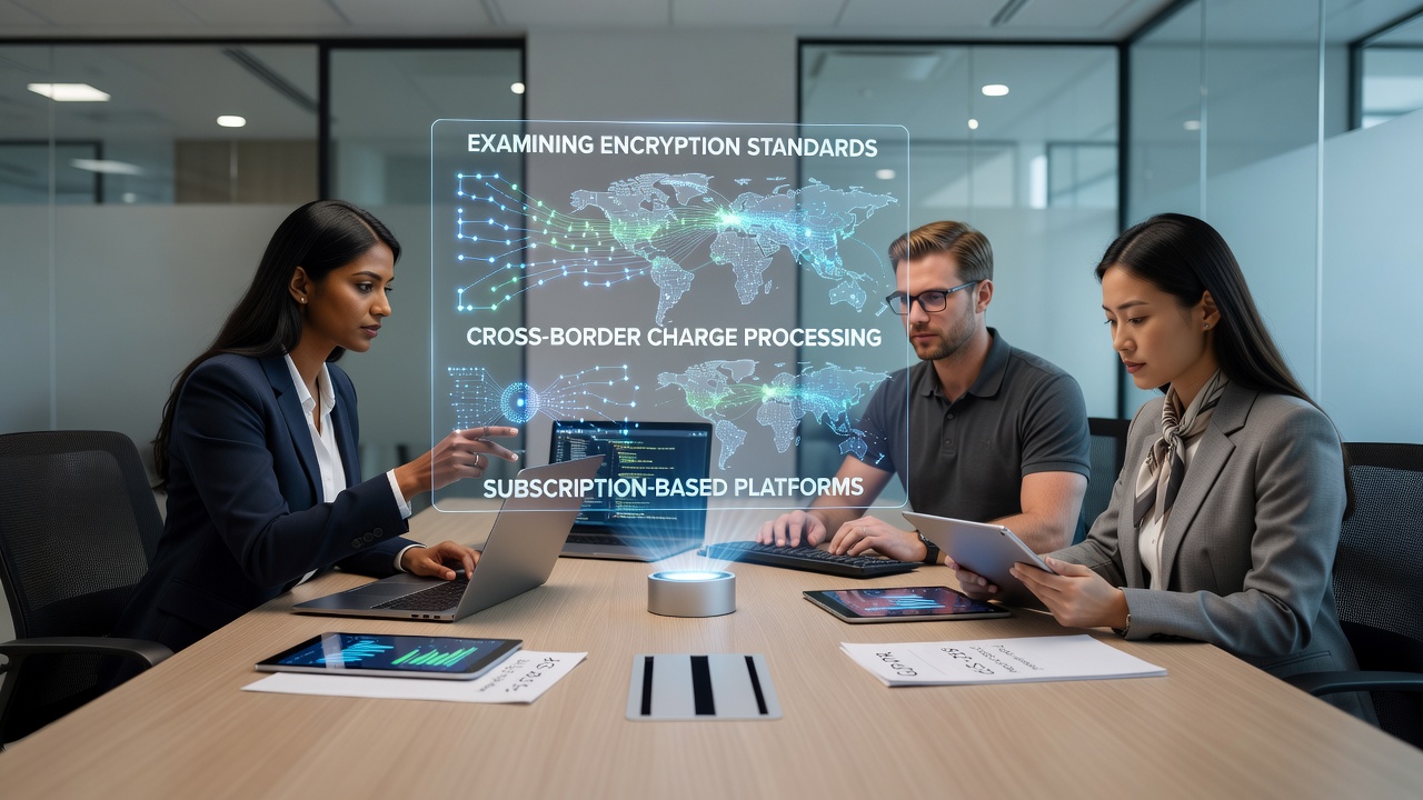 Secure data flow diagram showing encrypted cross-border subscription transactions