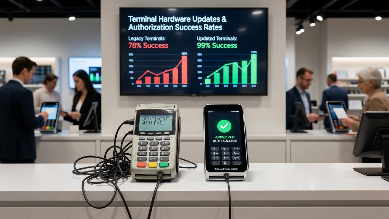 Updated payment terminal processing a contactless transaction at checkout