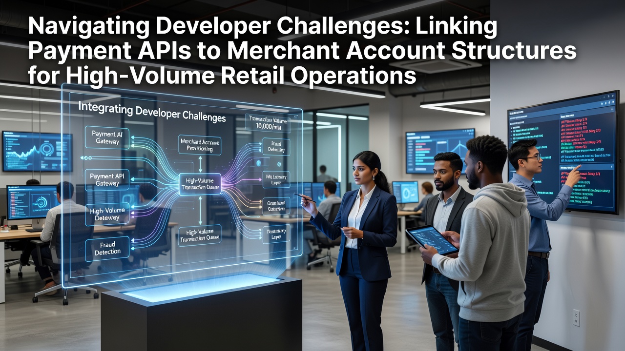 Developers reviewing API documentation and merchant account dashboards for high-volume retail payment systems