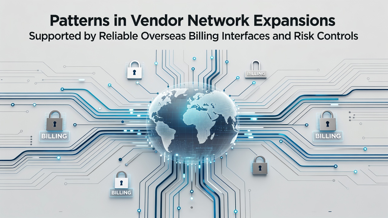 Vendor network expansion map showing overseas billing connections and risk control nodes across global markets