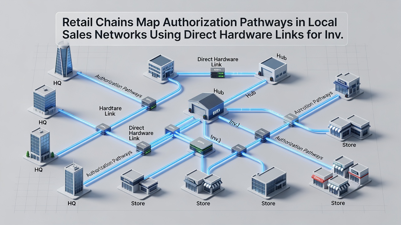 Technical diagram of hardware links connecting retail POS systems to inventory databases