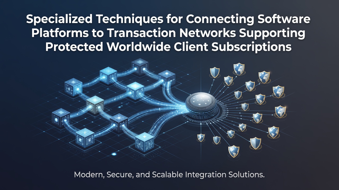 Secure network connection diagram showing software platforms linking to global transaction systems for subscription management