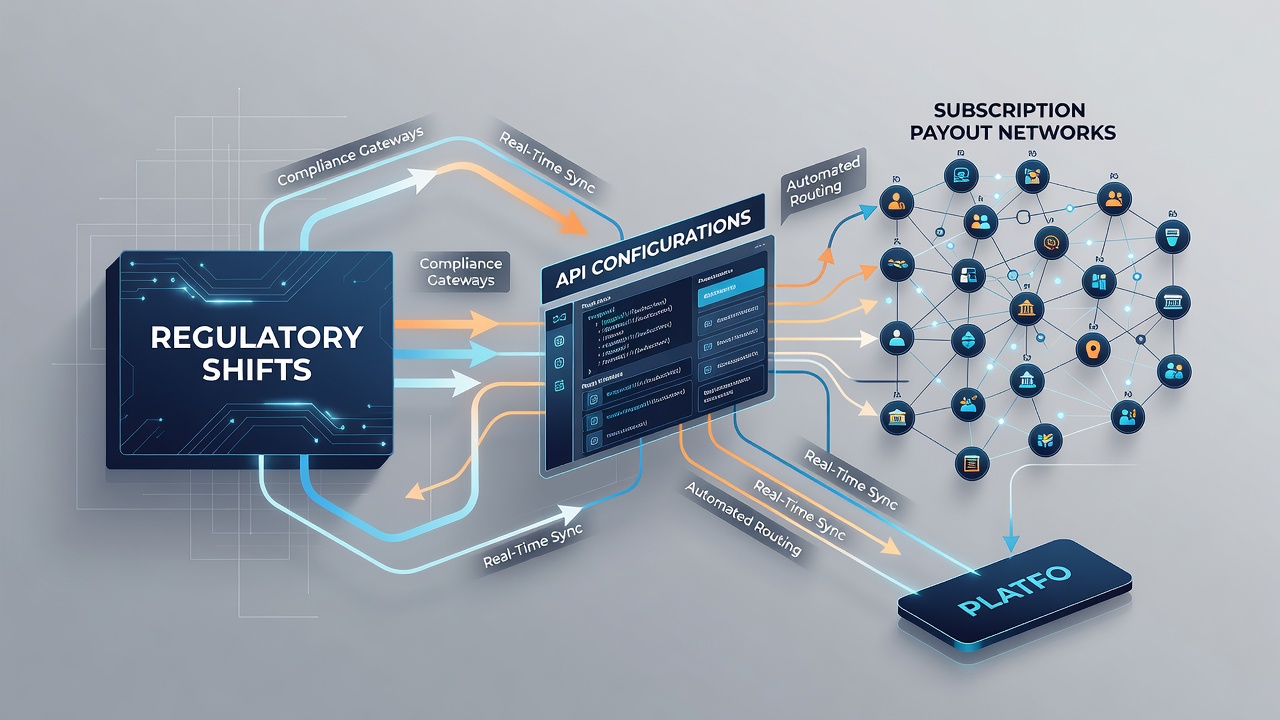 Schematic of API configuration layers handling regulatory compliance in global subscription payout flows